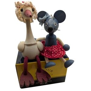 VTG Wooden Shelf Sitter Figurines Goose and Mouse Set Polka Dot Decor Hungary